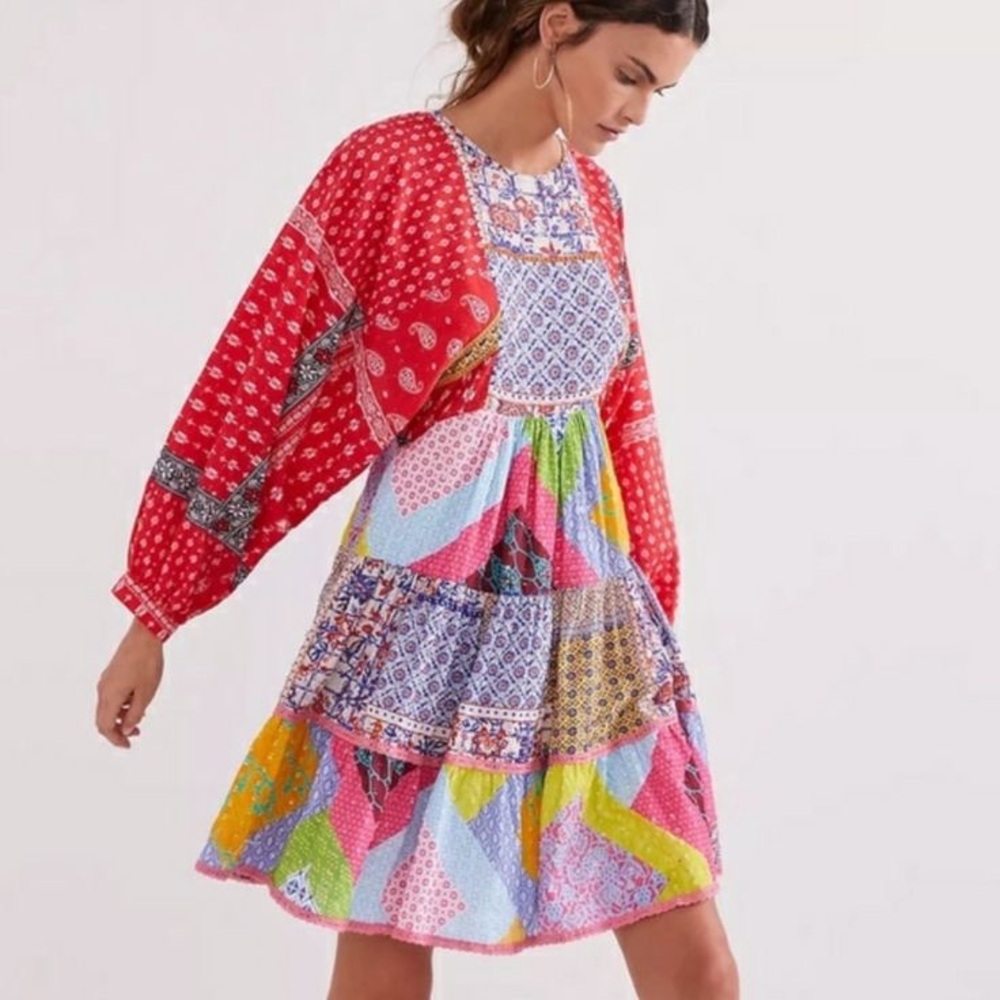 Boho Patchwork Mini Dress in Red Multicolor